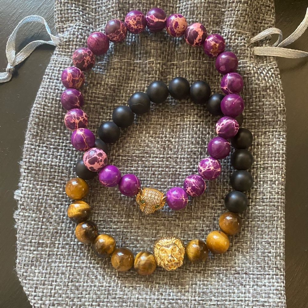 Purple and Black Beaded Bracelet Set
